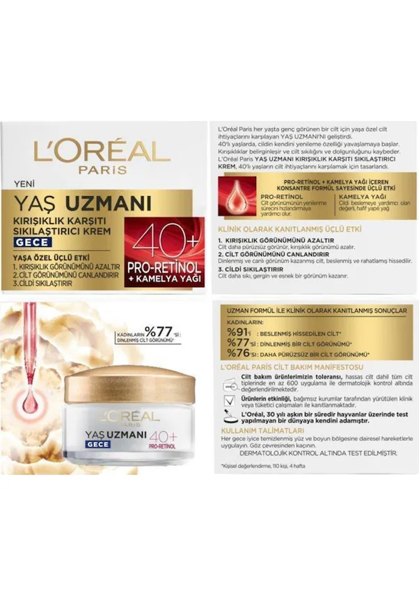 L'Oreal Paris Loreal Paris Yaş Uzmanı Kırışıklık Karşıtı Gece Kremi 40+ Pro-Retinol 50 ml